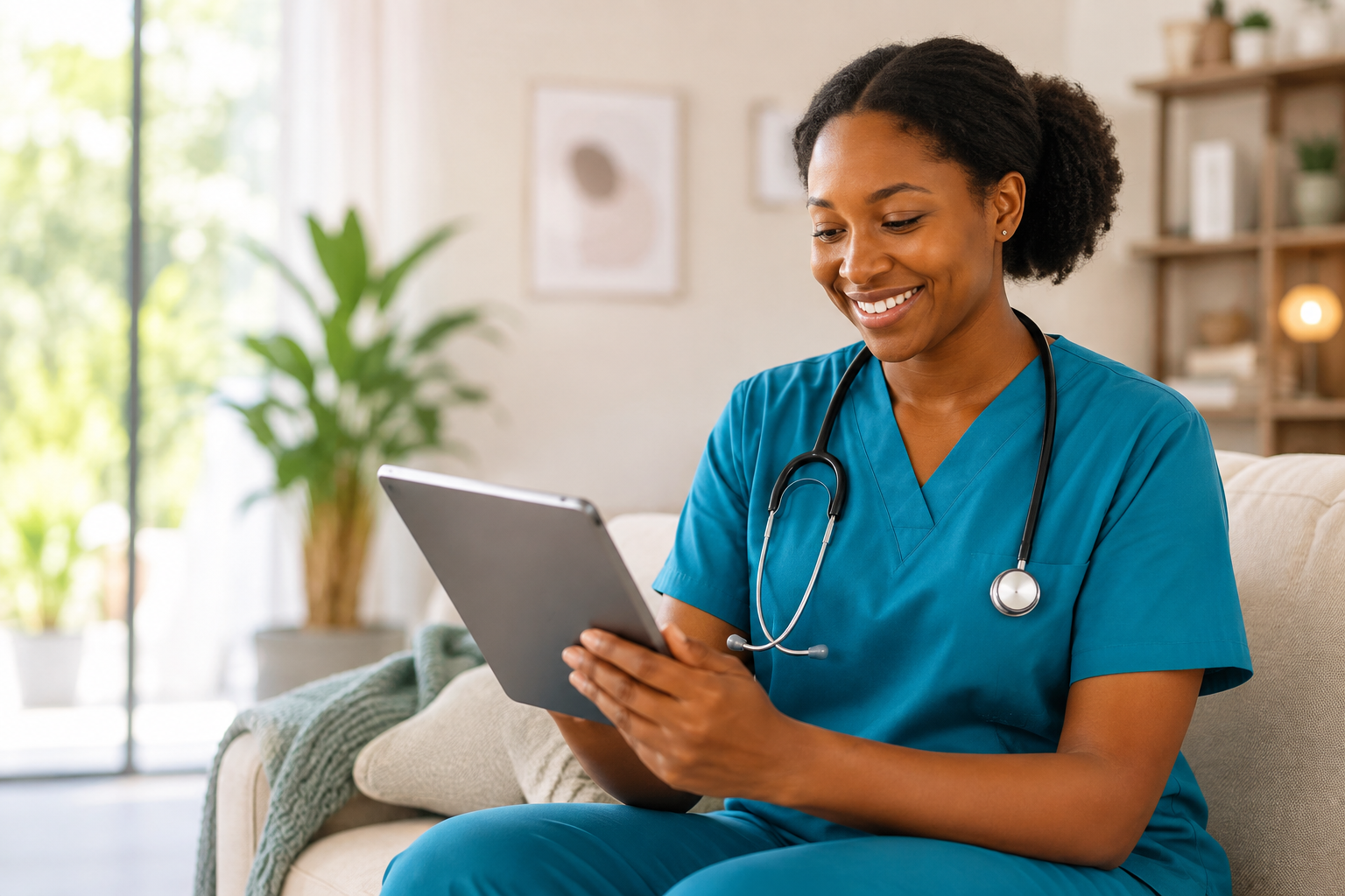 TibaLeta practitioner using a tablet during home care